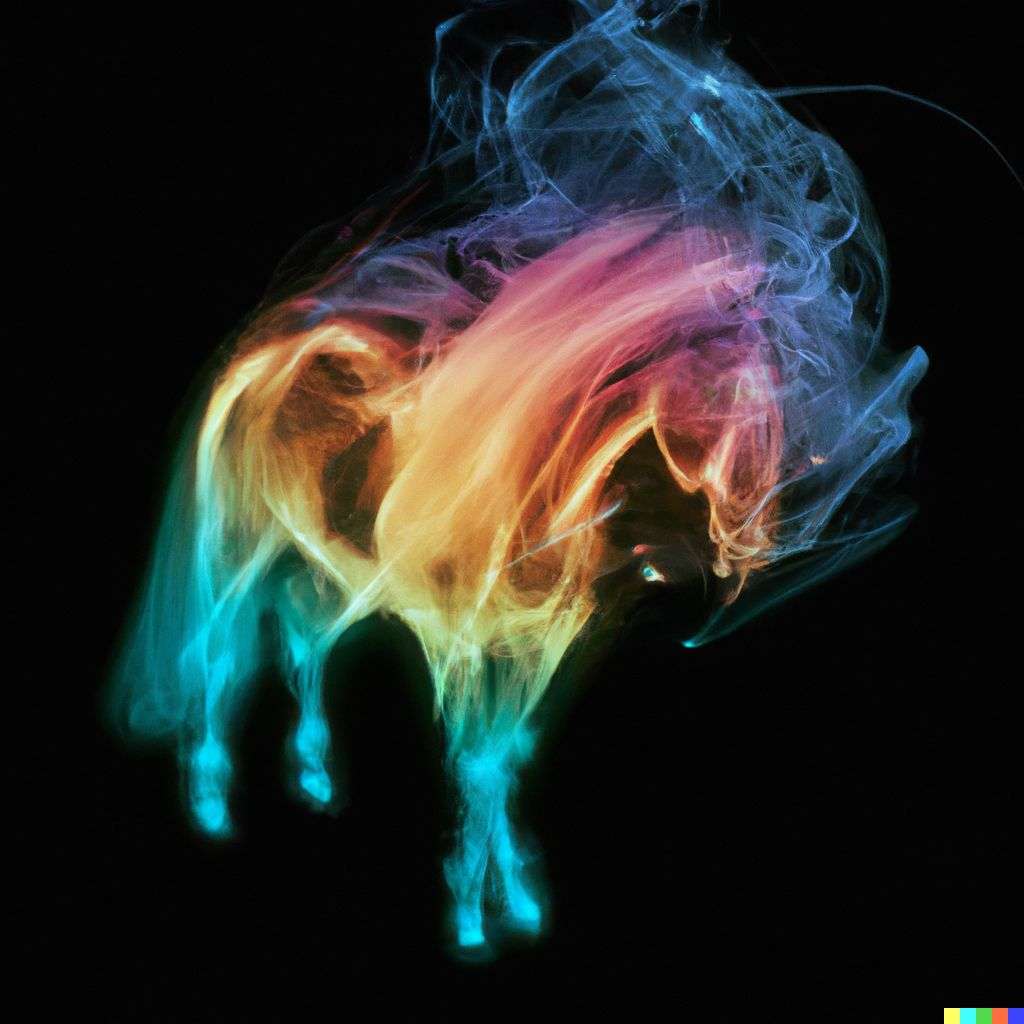 a horse made of very detailed curling wispy glowing multicolored smoke, digital art, volumetric, 3D render, Octane render